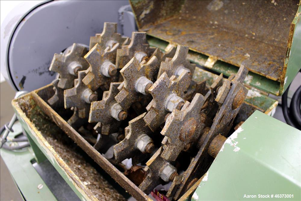 Used Prodeva Single Rotor Plastics Shredder, Model 315-S, Carbon Steel. Cutting chamber approximately 15" long x 11" wide. Approximately 10" diameter x 13-1/2" long single open rotor with (32) bolt o...