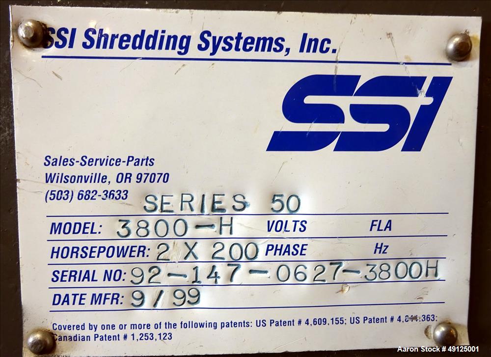 Used- SSI Shredding Systems Inc. Dual-Shear Shredder, Series 50, Model 3800-H