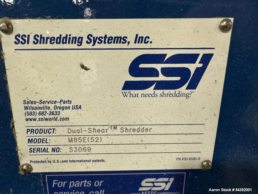 Used SSI Twin Shaft Dual-Shear Shredder, Model M85E(52), Serial# S3069. Approximate cutting chamber 35" x 52", (1) 100hp, 3/60/440/460 volt, 1785 rpm motor & control panel.