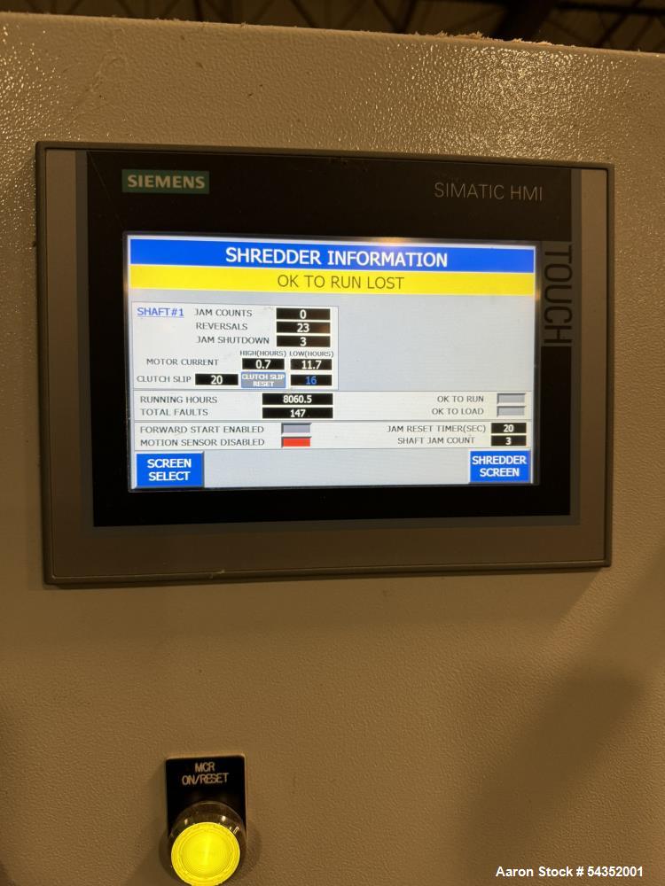 Used SSI Twin Shaft Dual-Shear Shredder, Model M85E(52), Serial# S3069. Approximate cutting chamber 35" x 52", (1) 100hp, 3/60/440/460 volt, 1785 rpm motor & control panel.