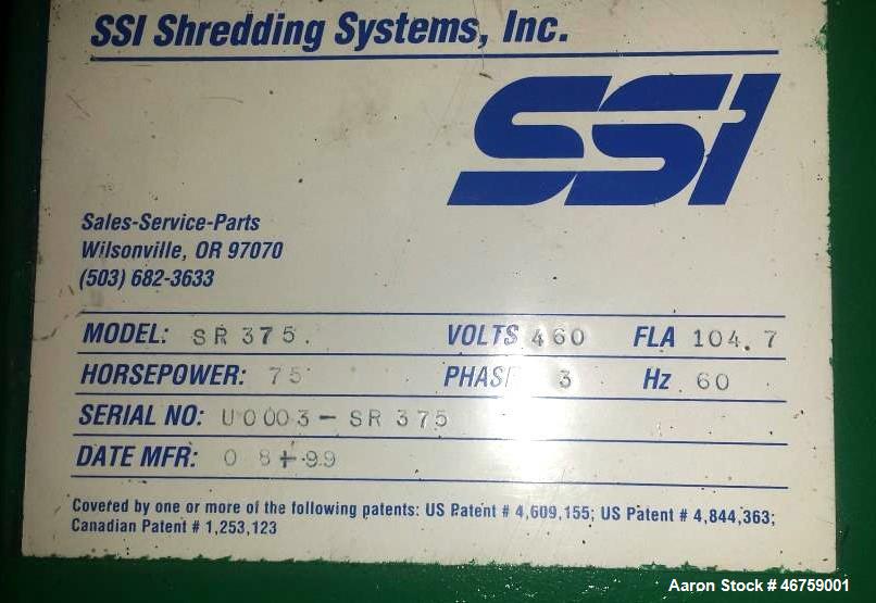 Used SSI Shredding Systems Plastic Shredder; Model SR-375; 75 HP; 3phase 460V/60hz; hydraulic crammer; screw auger; Single S...