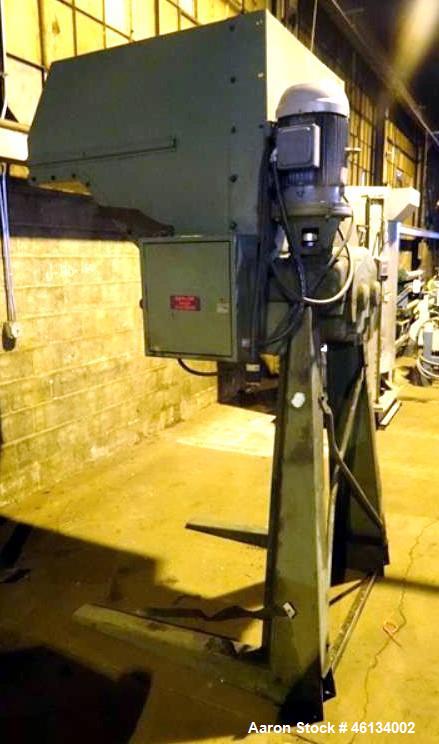 Used Sant Andrea Dual Shaft Shredder. Approximately 18" wide x 19" deep feed throat with feed hopper, 10 hp, 575 volt, 1130 rpm motor thru gearbox, on stand with 51" discharge height, serial #8905367.