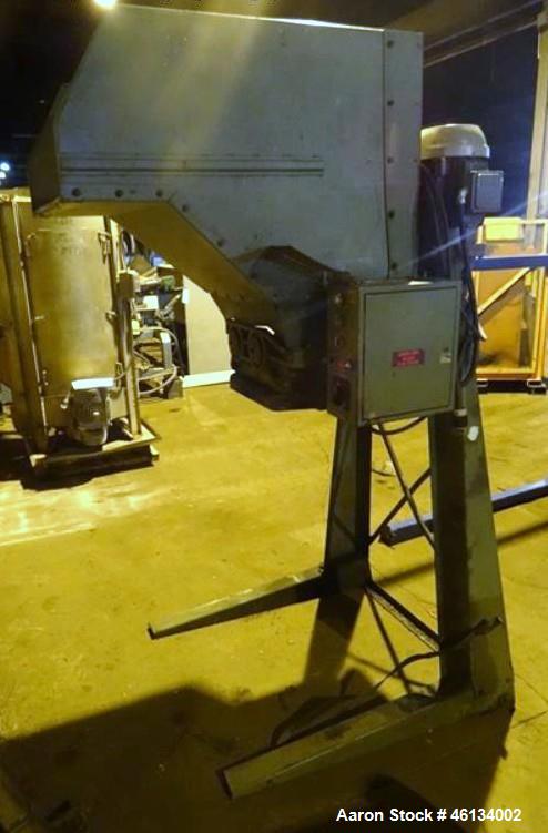 Used Sant Andrea Dual Shaft Shredder. Approximately 18" wide x 19" deep feed throat with feed hopper, 10 hp, 575 volt, 1130 rpm motor thru gearbox, on stand with 51" discharge height, serial #8905367.
