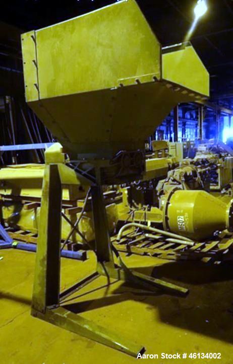 Used Sant Andrea Dual Shaft Shredder. Approximately 18" wide x 19" deep feed throat with feed hopper, 10 hp, 575 volt, 1130 rpm motor thru gearbox, on stand with 51" discharge height, serial #8905367.
