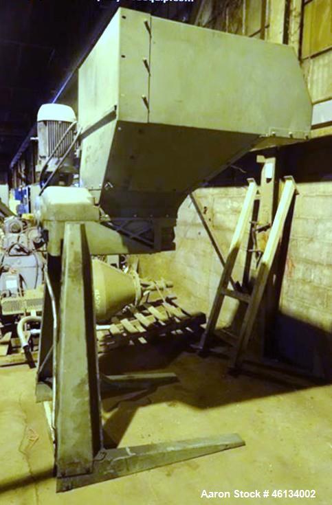 Used Sant Andrea Dual Shaft Shredder. Approximately 18" wide x 19" deep feed throat with feed hopper, 10 hp, 575 volt, 1130 rpm motor thru gearbox, on stand with 51" discharge height, serial #8905367.