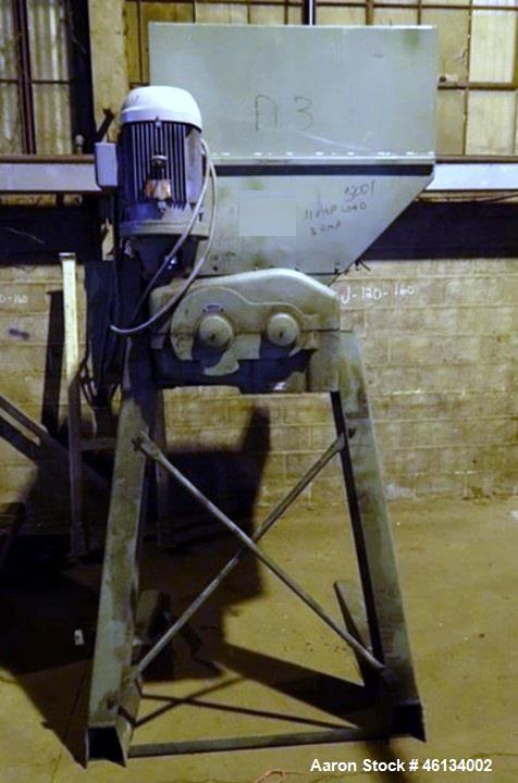 Used Sant Andrea Dual Shaft Shredder. Approximately 18" wide x 19" deep feed throat with feed hopper, 10 hp, 575 volt, 1130 rpm motor thru gearbox, on stand with 51" discharge height, serial #8905367.