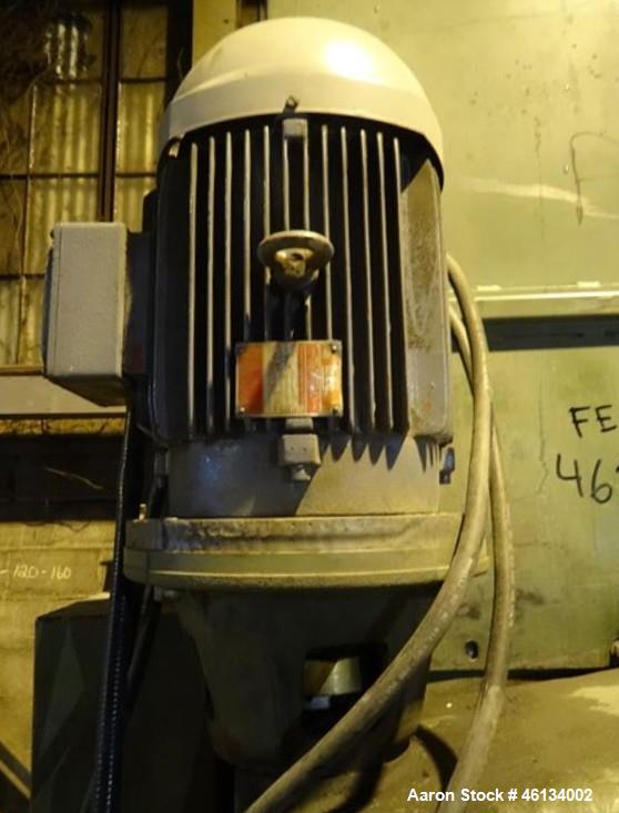 Used Sant Andrea Dual Shaft Shredder. Approximately 18" wide x 19" deep feed throat with feed hopper, 10 hp, 575 volt, 1130 rpm motor thru gearbox, on stand with 51" discharge height, serial #8905367.