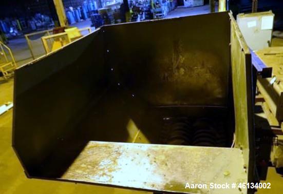 Used Sant Andrea Dual Shaft Shredder. Approximately 18" wide x 19" deep feed throat with feed hopper, 10 hp, 575 volt, 1130 rpm motor thru gearbox, on stand with 51" discharge height, serial #8905367.