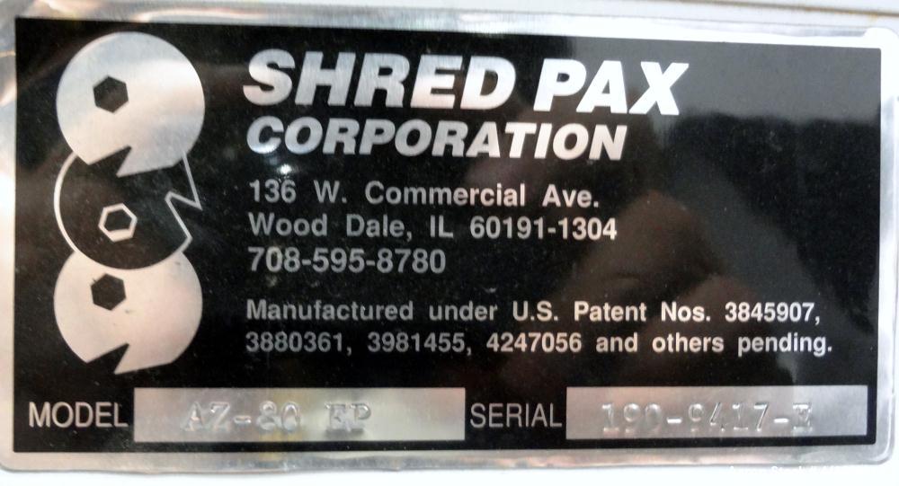 Used Shred-Pax Twin Shaft Shredder, Model AZ-80 EP, Carbon Steel. (2) Rows of intermeshing hook knives approximately 1-3/4" thick. 34" x 52" Feed opening with a hopper, bottom discharge. Each shaft d...