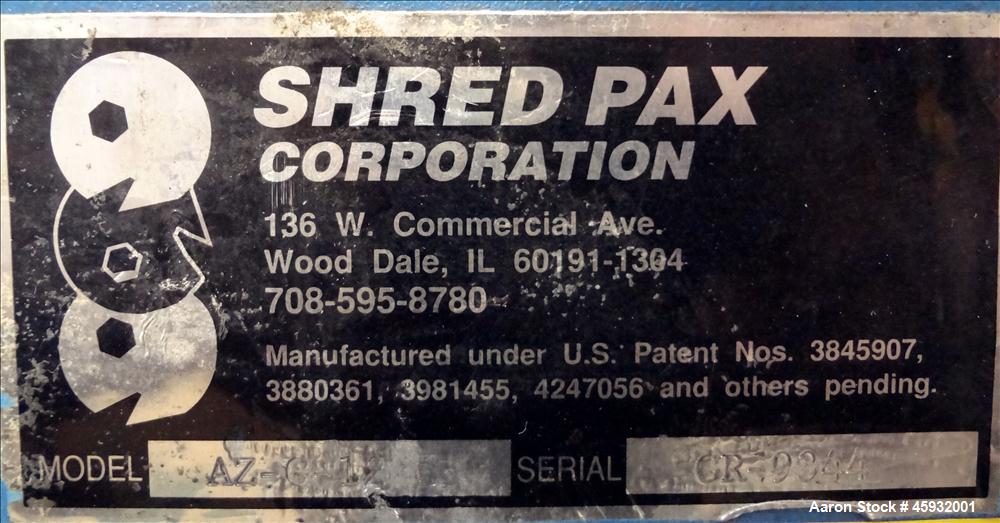 Used- Shred Pax Dual Rotor Shredder Grinder System consisting of: (1) Shred Pax Grinder, Model AZ-G-12. Has a top feeder 31-...