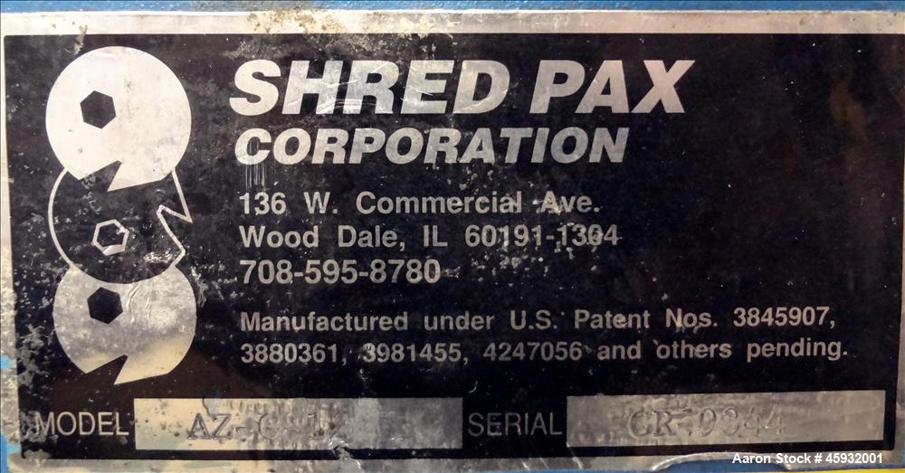 Used Shred Pax Dual Rotor Shredder Grinder System consisting of: (1) Shred Pax Grinder, Model AZ-G-12. Has a top feeder 31-1/2" long x 3-3/4" wide with a 31" long x 8" diameter roll driven by a 1 hp,...
