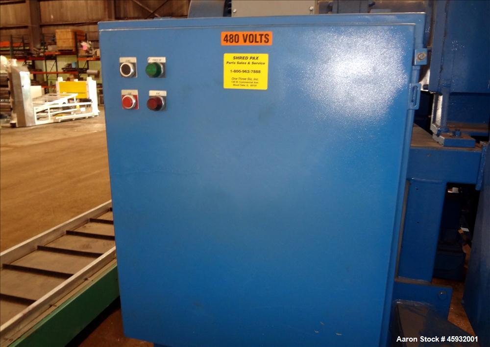 Used Shred Pax Dual Rotor Shredder Grinder System consisting of: (1) Shred Pax Grinder, Model AZ-G-12. Has a top feeder 31-1/2" long x 3-3/4" wide with a 31" long x 8" diameter roll driven by a 1 hp,...