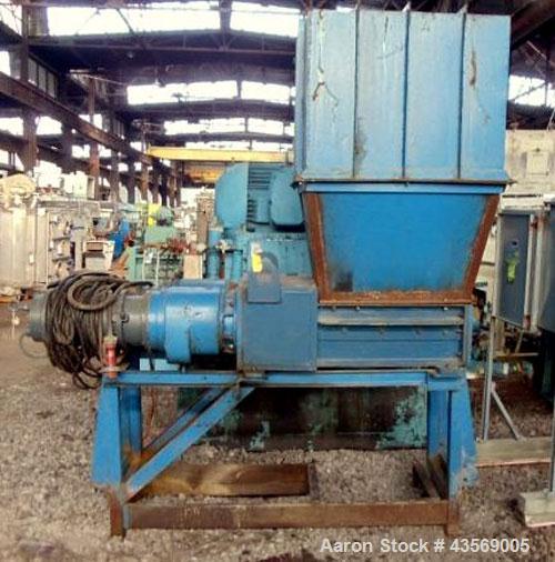 Used Weil Twin Shaft Shredder, Carbon Steel. Independently driven shafts with 15 hp, 440 volt motors on each shaft. Approximate 20" x 28" feed opening, 1.25" wide blades. Includes feed hopper, and st...