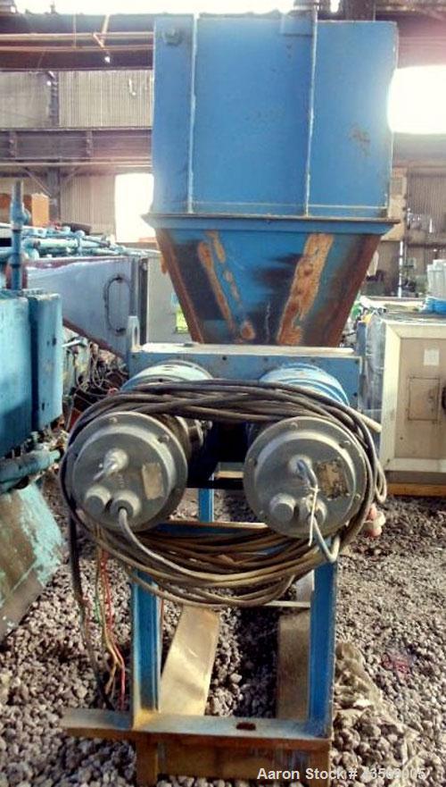 Used Weil Twin Shaft Shredder, Carbon Steel. Independently driven shafts with 15 hp, 440 volt motors on each shaft. Approximate 20" x 28" feed opening, 1.25" wide blades. Includes feed hopper, and st...
