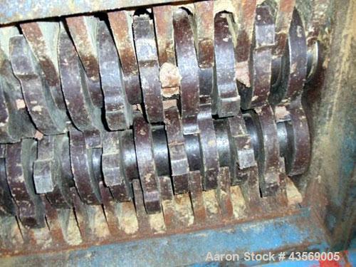 Used Weil Twin Shaft Shredder, Carbon Steel. Independently driven shafts with 15 hp, 440 volt motors on each shaft. Approximate 20" x 28" feed opening, 1.25" wide blades. Includes feed hopper, and st...
