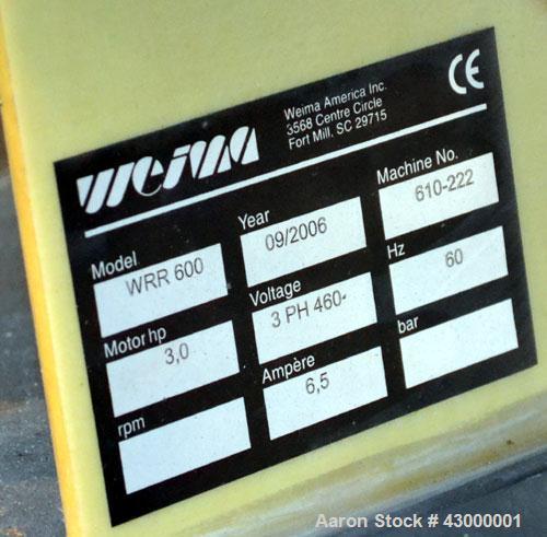 Used Weima Slow Speed Shredder, Model WLH600S/45 Leopard, Carbon Steel. Approximately 368mm (14.4" diameter) x 24" wide (32) bolt on blade  V rotor, driven by a 45 kw (60 hp), 3/60/460 volt, 1770 rpm...