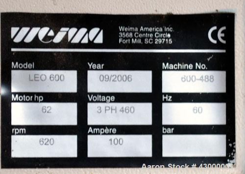 Used Weima Slow Speed Shredder, Model WLH600S/45 Leopard, Carbon Steel. Approximately 368mm (14.4" diameter) x 24" wide (32) bolt on blade  V rotor, driven by a 45 kw (60 hp), 3/60/460 volt, 1770 rpm...