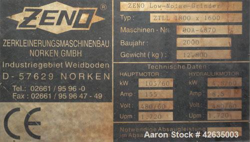 Used Zeno Low Noise Single Shaft Shredder/Chipper, Model ZTLL 1800 X 1600, carbon steel. Feed opening 70’’ (1800mm) wide x approximately 62’’ (1600mm) long. 24’’ Diameter x 70’’ long single rotor wit...