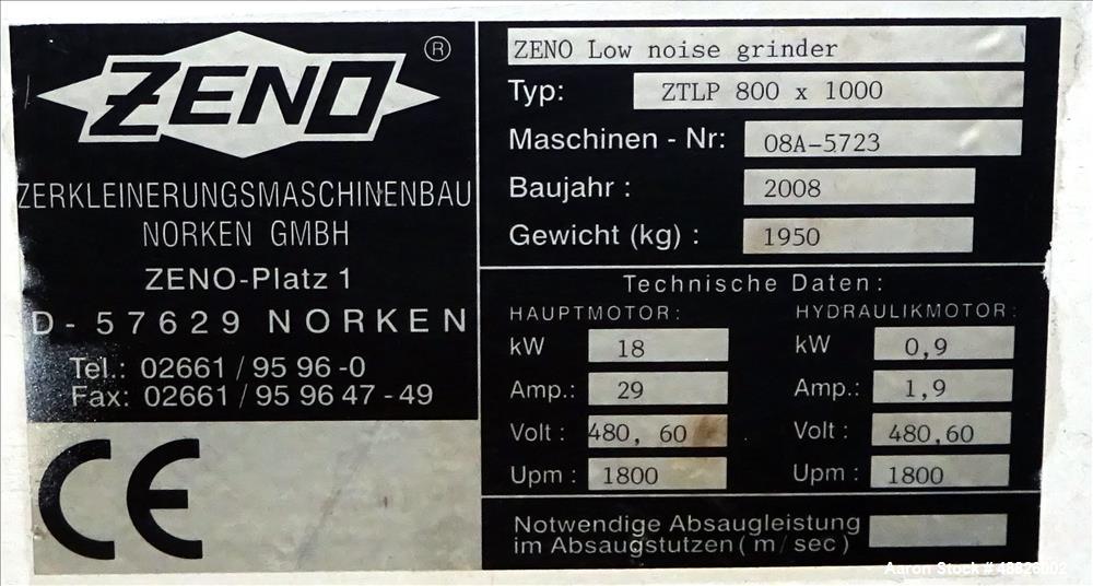 Used- Zeno Low Noise Grinder, Type: ZTLP 800 x 1000, Carbon Steel.