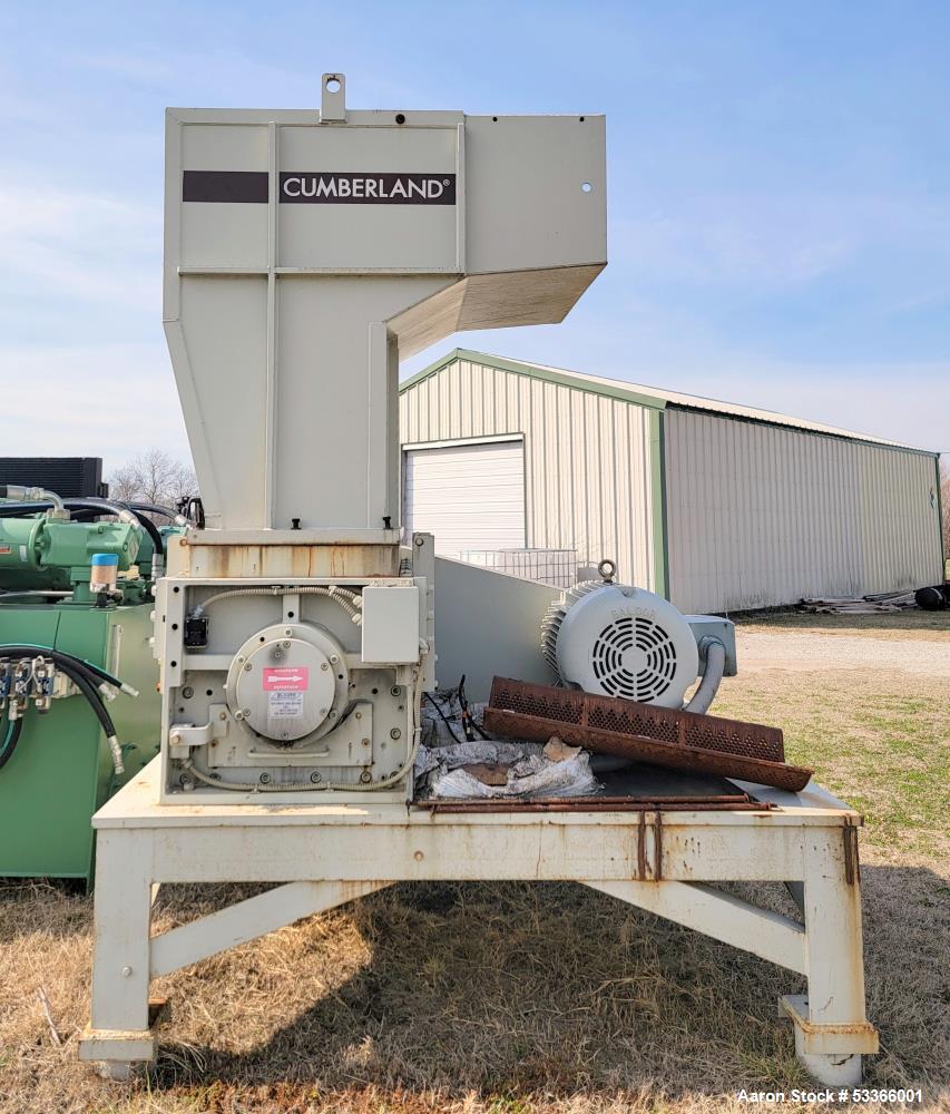 Used Cumberland Model 1837B granulator. 18" x 37" feed throat. 3 knife high shear rotor with two bed knives. Belt driven rotor by a 100 HP,  3/60/230/460 volt, 1775 RPM motor. Tray in-feed hopper. 84...