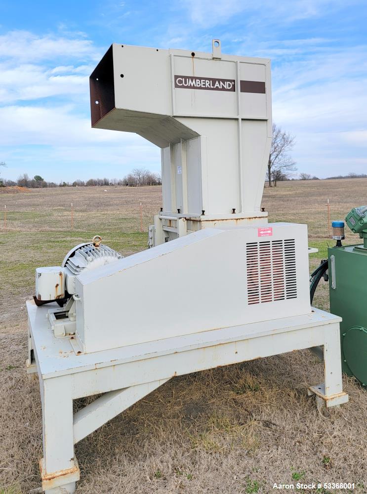 Used Cumberland Model 1837B granulator. 18" x 37" feed throat. 3 knife high shear rotor with two bed knives. Belt driven rotor by a 100 HP,  3/60/230/460 volt, 1775 RPM motor. Tray in-feed hopper. 84...