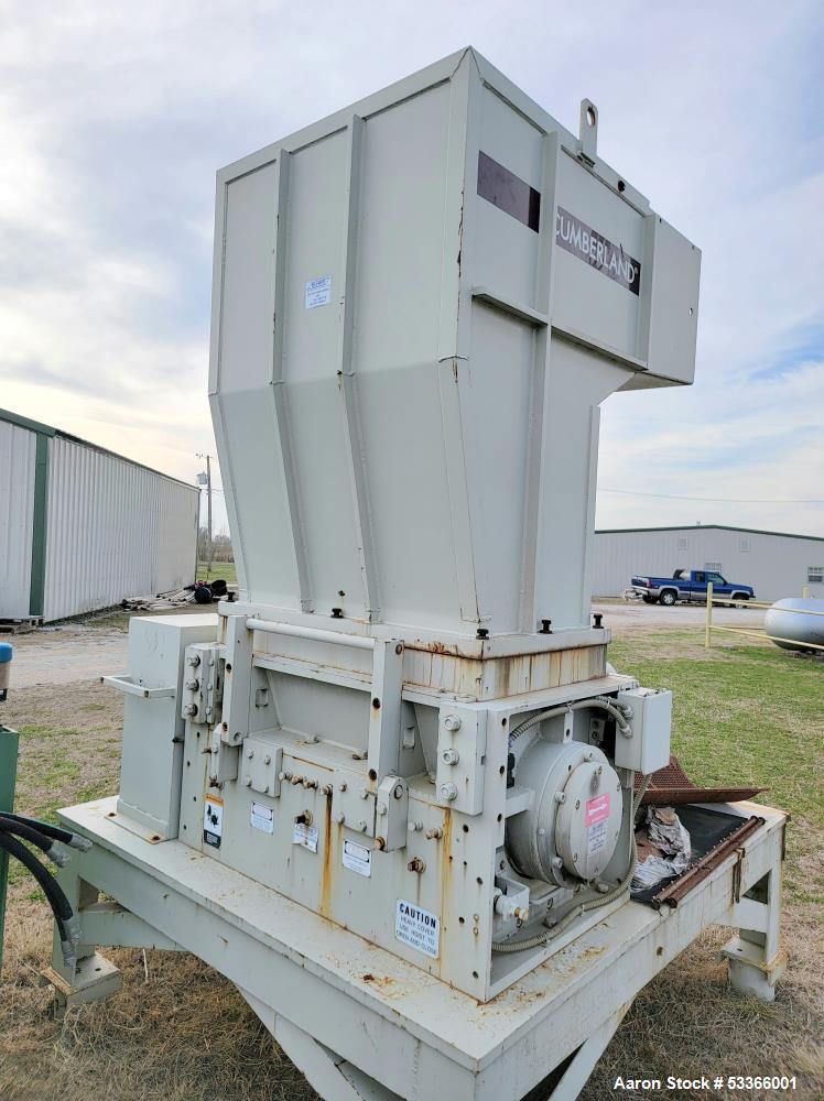 Used Cumberland Model 1837B granulator. 18" x 37" feed throat. 3 knife high shear rotor with two bed knives. Belt driven rotor by a 100 HP,  3/60/230/460 volt, 1775 RPM motor. Tray in-feed hopper. 84...