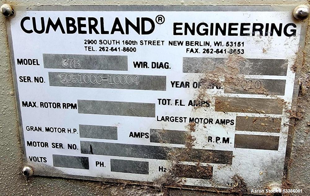 Used Cumberland Model 1837B granulator. 18" x 37" feed throat. 3 knife high shear rotor with two bed knives. Belt driven rotor by a 100 HP,  3/60/230/460 volt, 1775 RPM motor. Tray in-feed hopper. 84...