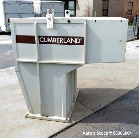 Used Cumberland Model 1837B granulator. 18" x 37" feed throat. 3 knife high shear rotor with two bed knives. Belt driven rotor by a 100 HP,  3/60/230/460 volt, 1775 RPM motor. Tray in-feed hopper. 84...
