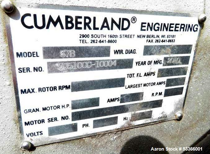 Used Cumberland Model 1837B granulator. 18" x 37" feed throat. 3 knife high shear rotor with two bed knives. Belt driven rotor by a 100 HP,  3/60/230/460 volt, 1775 RPM motor. Tray in-feed hopper. 84...