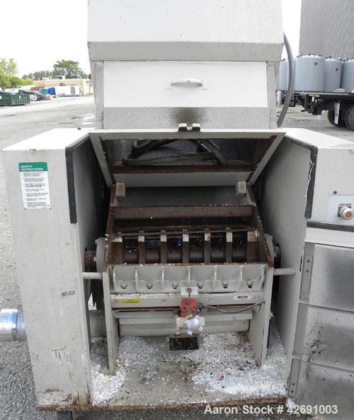 Used Ball & Jewell Beside-The-Press Granulator, Model BP1224. Approximately 12" diameter x 24" wide 3 bolt-on blade open rotor. Tilt back open feed hopper, bottom blower discharge. Approximately 3/16...