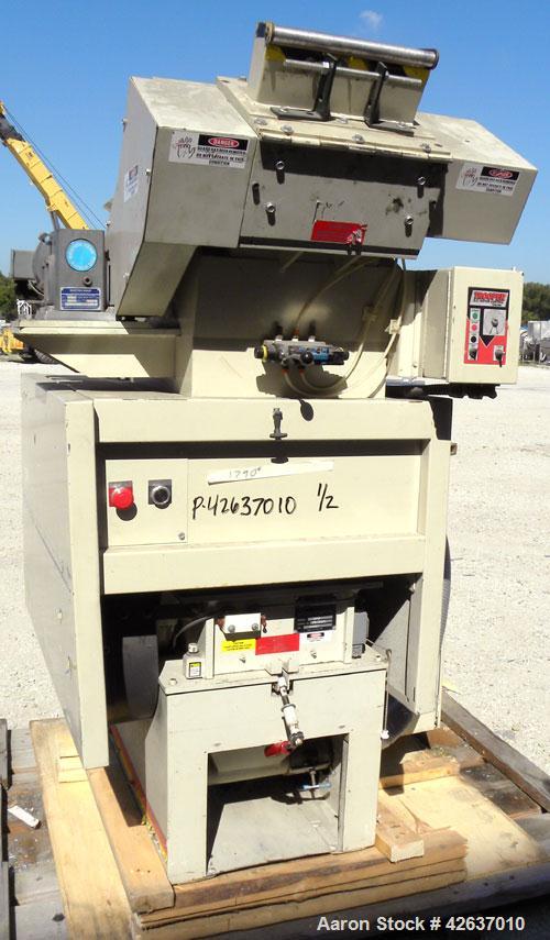 Used Ball & Jewel Vision Series Granulator, Model BP32. Approximately 12" diameter x 12" wide 3 bolt-on blade open rotor. Tilt back pelican style feed hopper with a sheet feeder, driven by a 3/4hp, 9...
