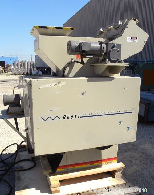 Used Ball & Jewel Vision Series Granulator, Model BP32. Approximately 12" diameter x 12" wide 3 bolt-on blade open rotor. Tilt back pelican style feed hopper with a sheet feeder, driven by a 3/4hp, 9...