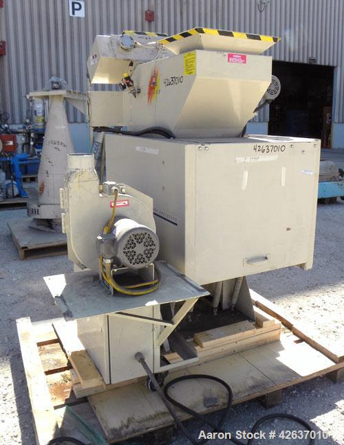 Used Ball & Jewel Vision Series Granulator, Model BP32. Approximately 12" diameter x 12" wide 3 bolt-on blade open rotor. Tilt back pelican style feed hopper with a sheet feeder, driven by a 3/4hp, 9...