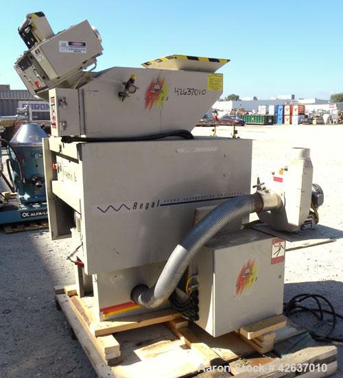 Used Ball & Jewel Vision Series Granulator, Model BP32. Approximately 12" diameter x 12" wide 3 bolt-on blade open rotor. Tilt back pelican style feed hopper with a sheet feeder, driven by a 3/4hp, 9...
