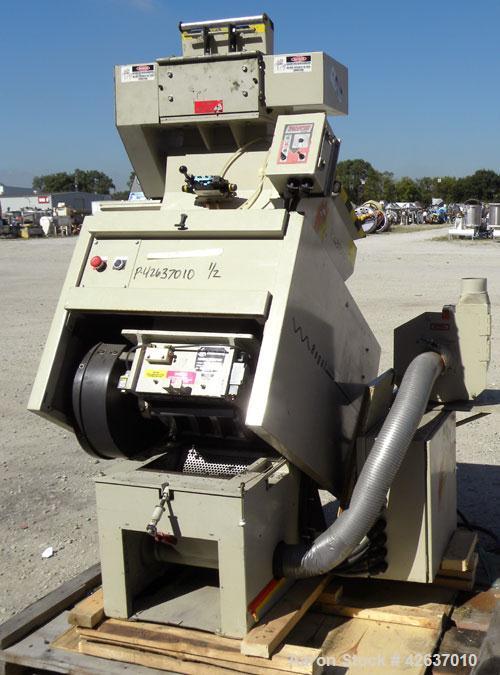 Used Ball & Jewel Vision Series Granulator, Model BP32. Approximately 12" diameter x 12" wide 3 bolt-on blade open rotor. Tilt back pelican style feed hopper with a sheet feeder, driven by a 3/4hp, 9...
