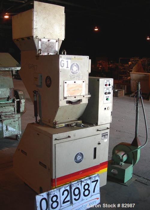 USED: Ball and Jewel granulator, model CG-812. Approximately 8" diameter x 12" wide 3 bolt-on blade open rotor, 2 bed knives. Tilt back pelican style feed hopper, bottom blower discharge with 1 hp Da...