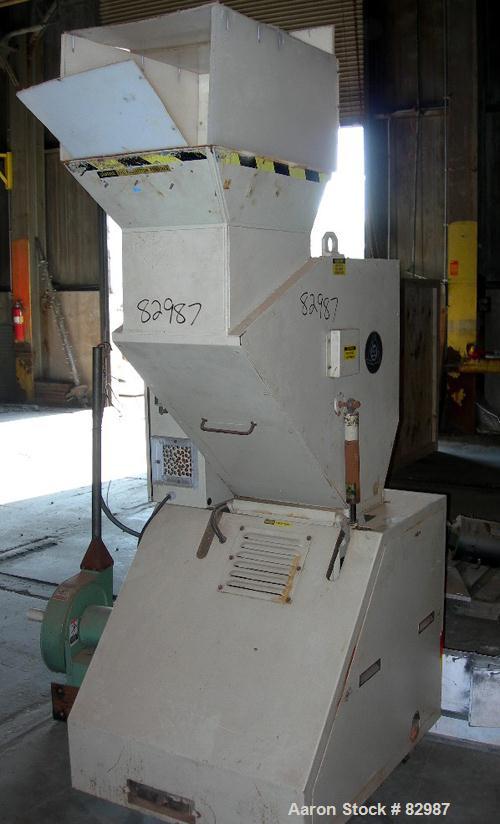 USED: Ball and Jewel granulator, model CG-812. Approximately 8" diameter x 12" wide 3 bolt-on blade open rotor, 2 bed knives. Tilt back pelican style feed hopper, bottom blower discharge with 1 hp Da...