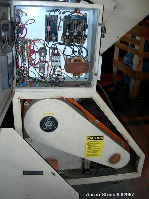 USED: Ball and Jewel granulator, model CG-812. Approximately 8" diameter x 12" wide 3 bolt-on blade open rotor, 2 bed knives. Tilt back pelican style feed hopper, bottom blower discharge with 1 hp Da...