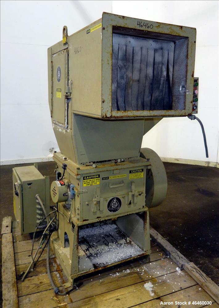 Used Ball & Jewell Granulator Model MD-1620-SCSX. Approximate 16" diameter x 20" wide 3 blade open rotor, tilt back pelican style feed hopper, approximate 7/16" diameter screen holes, bottom discharg...