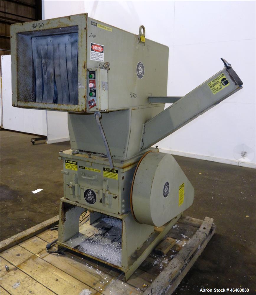 Used Ball & Jewell Granulator Model MD-1620-SCSX. Approximate 16" diameter x 20" wide 3 blade open rotor, tilt back pelican style feed hopper, approximate 7/16" diameter screen holes, bottom discharg...