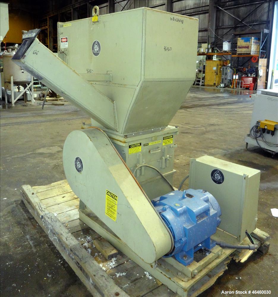 Used Ball & Jewell Granulator Model MD-1620-SCSX. Approximate 16" diameter x 20" wide 3 blade open rotor, tilt back pelican style feed hopper, approximate 7/16" diameter screen holes, bottom discharg...
