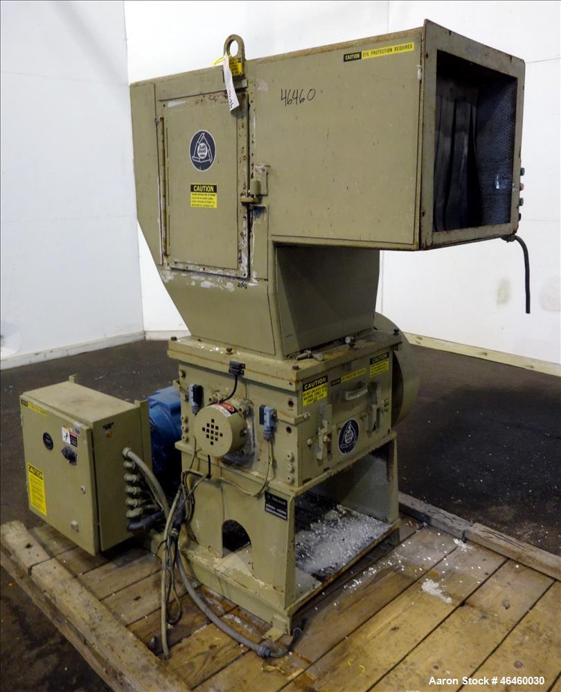 Used Ball & Jewell Granulator Model MD-1620-SCSX. Approximate 16" diameter x 20" wide 3 blade open rotor, tilt back pelican style feed hopper, approximate 7/16" diameter screen holes, bottom discharg...