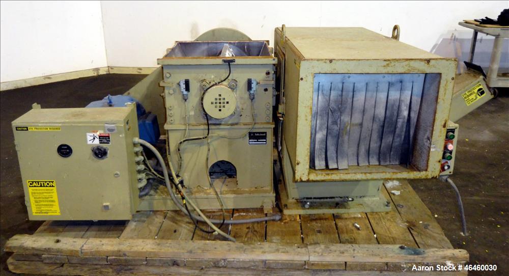 Used Ball & Jewell Granulator Model MD-1620-SCSX. Approximate 16" diameter x 20" wide 3 blade open rotor, tilt back pelican style feed hopper, approximate 7/16" diameter screen holes, bottom discharg...