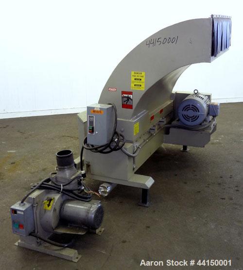 Used Ball & Jewell Sheet Granulator. Approximately 10" diameter x 50" wide 4 bolt-on blade closed rotor. Tilt back pelican style feed hopper. Set up for blower discharge with a  3hp, 3/60/208-230/460...