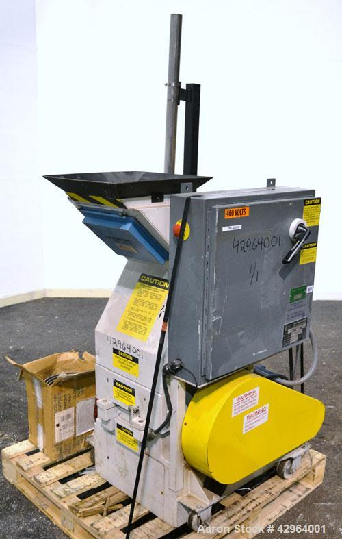 Used Battenfeld Gloucester Granulator, Model 1012BP7.5. Approximate 10" diameter x 12" wide 3 bolt on blade open rotor. Tilt back pelican feed hopper with magnet. Driven by a 7-1/2 hp, 3/60/208-230/4...