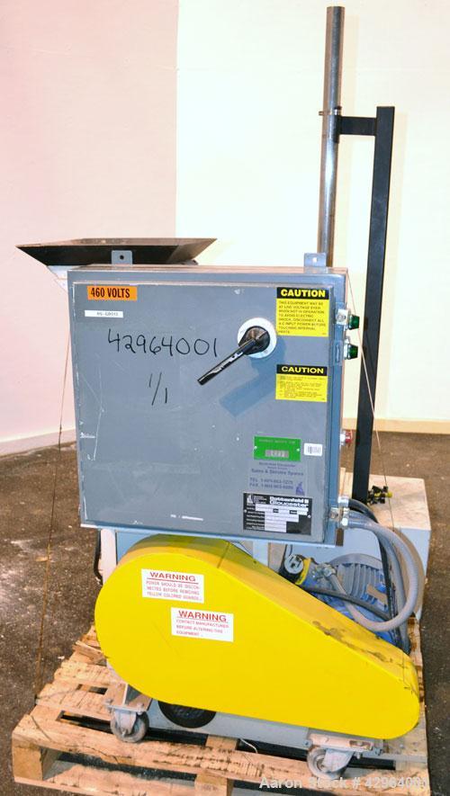 Used Battenfeld Gloucester Granulator, Model 1012BP7.5. Approximate 10" diameter x 12" wide 3 bolt on blade open rotor. Tilt back pelican feed hopper with magnet. Driven by a 7-1/2 hp, 3/60/208-230/4...