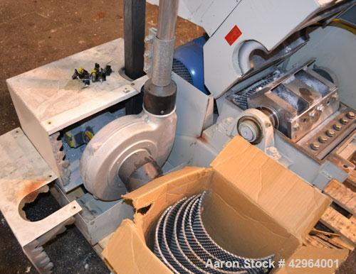 Used Battenfeld Gloucester Granulator, Model 1012BP7.5. Approximate 10" diameter x 12" wide 3 bolt on blade open rotor. Tilt back pelican feed hopper with magnet. Driven by a 7-1/2 hp, 3/60/208-230/4...