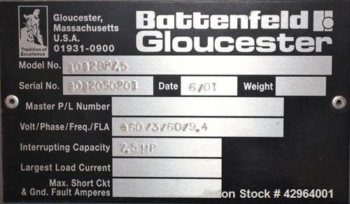 Used Battenfeld Gloucester Granulator, Model 1012BP7.5. Approximate 10" diameter x 12" wide 3 bolt on blade open rotor. Tilt back pelican feed hopper with magnet. Driven by a 7-1/2 hp, 3/60/208-230/4...