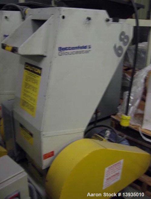 Used 2000 Battenfeld Gloucester Model 68-BP-5. Throat opening size 8" x 6", 2 rotor knives, 1 bed knife, 5 hp, rides on casters.