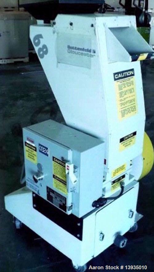 Used 2000 Battenfeld Gloucester Model 68-BP-5. Throat opening size 8" x 6", 2 rotor knives, 1 bed knife, 5 hp, rides on casters.